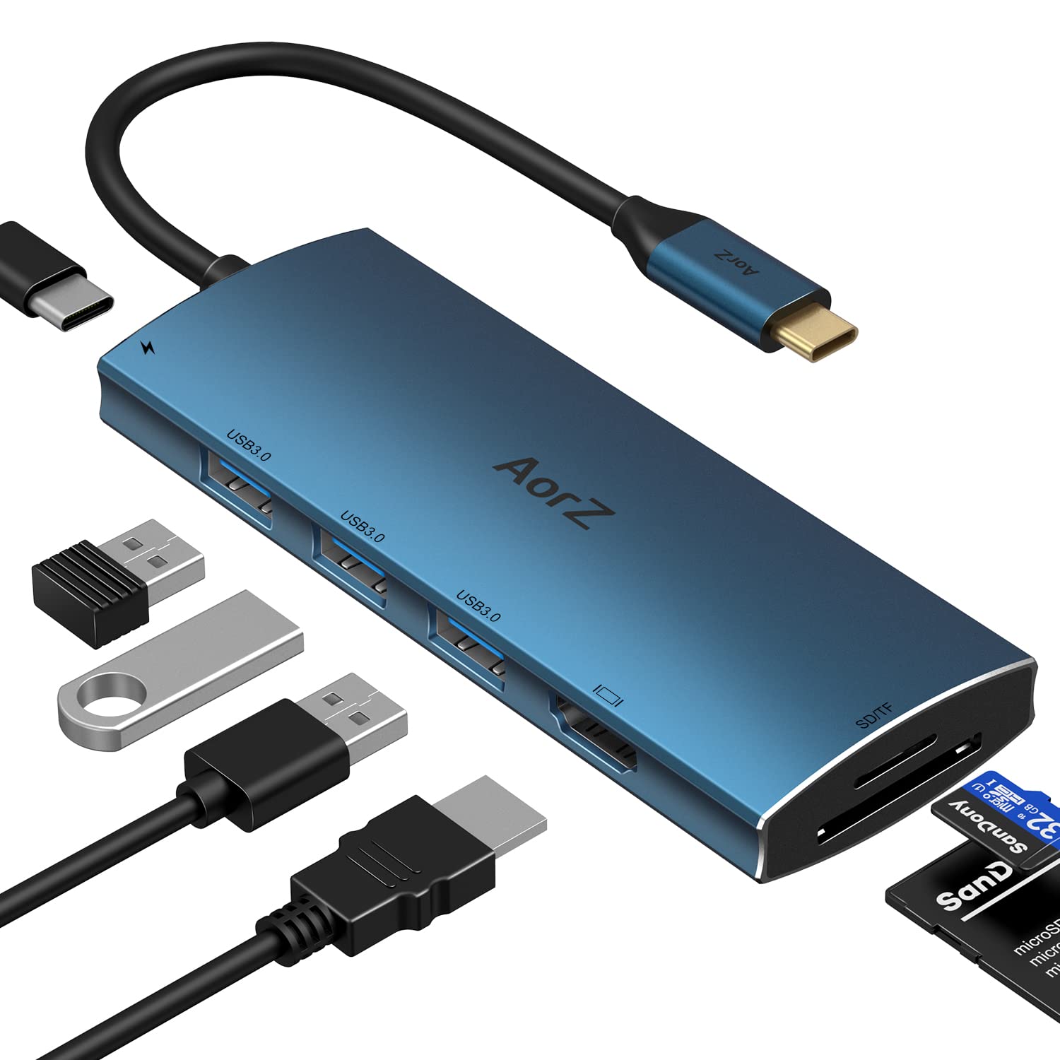 Usb C Hub, Usb Hub To Hdmi Multiport Aorz Usb C Dongle Adapter 7 In 1 With 4K Hdmi Output,3 Usb 3.0 Ports,Sd/Micro Sd Card Reader,100W Pd,Compatible With Macbook Pro Air Hp Xps And More Type C Devices